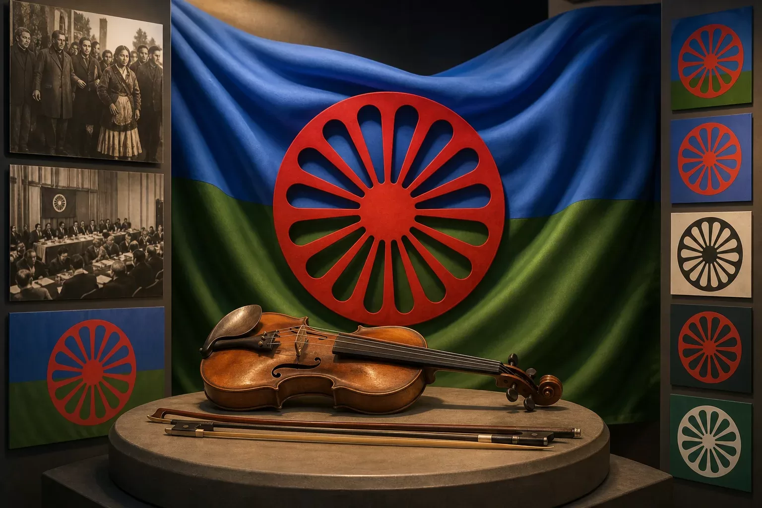 Drapeau rom, roue rouge et hymne Gelem, Gelem